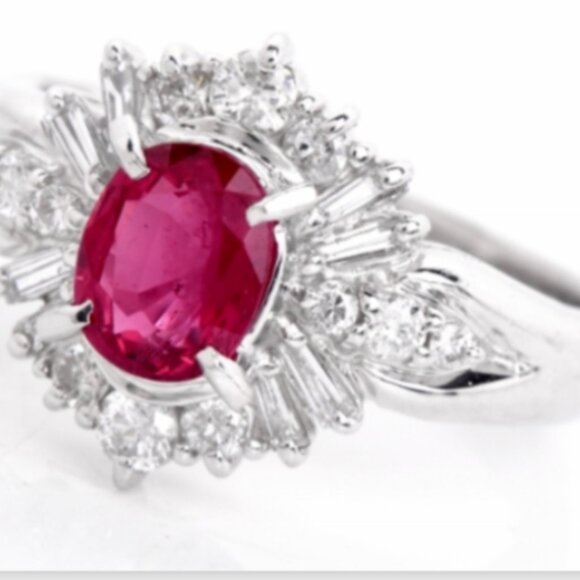 Platinum Ruby, Baguette, Round Diamonds Halo Ring 1.30ct 5.5 - Picture 2 of 7